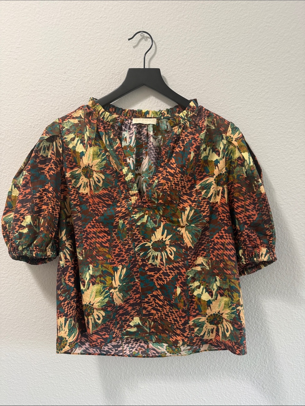 Ulla Johnson Brown and Green Floral Puff-Sleeve Blouse